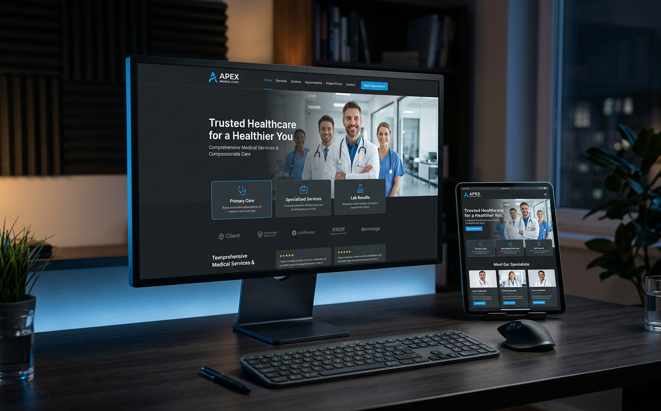 Site institucional de uma clínica apresentado num monitor e tablet