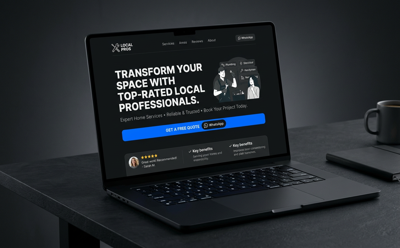 Landing page de serviços com botão de contacto via WhatsApp num portátil