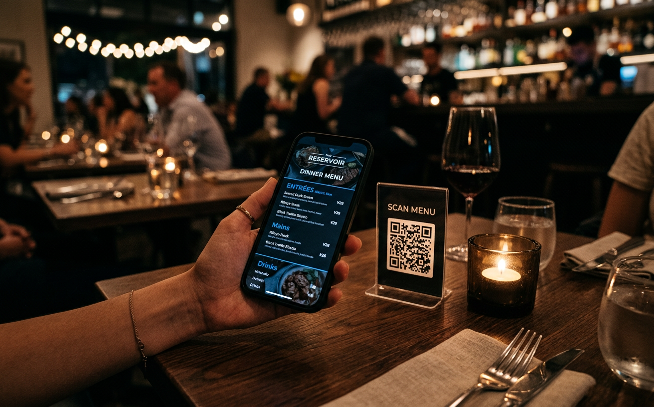 Cliente a ler um QR Code numa mesa de restaurante com o menu digital no telemóvel
